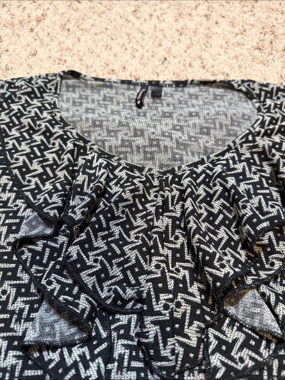 HeartSoul Black & White Geometric Ruffle Neck Blouse - Picture 7 of 7